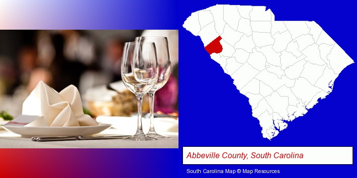 a restaurant table place setting; Abbeville County, South Carolina highlighted in red on a map