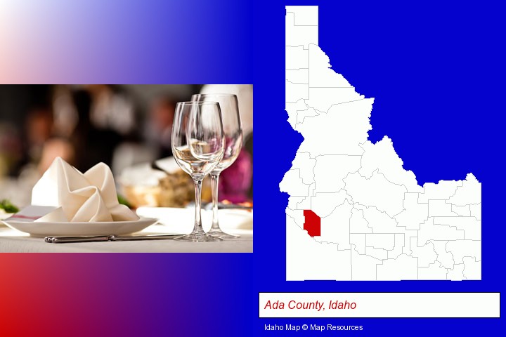 a restaurant table place setting; Ada County, Idaho highlighted in red on a map