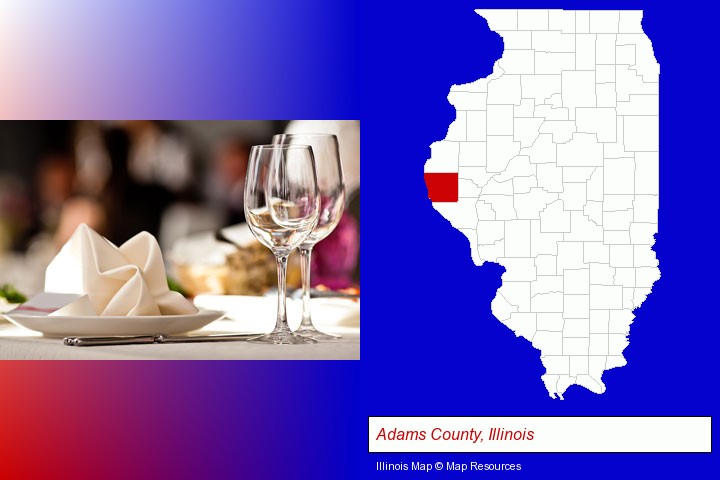 a restaurant table place setting; Adams County, Illinois highlighted in red on a map