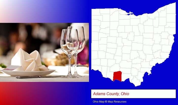 a restaurant table place setting; Adams County, Ohio highlighted in red on a map