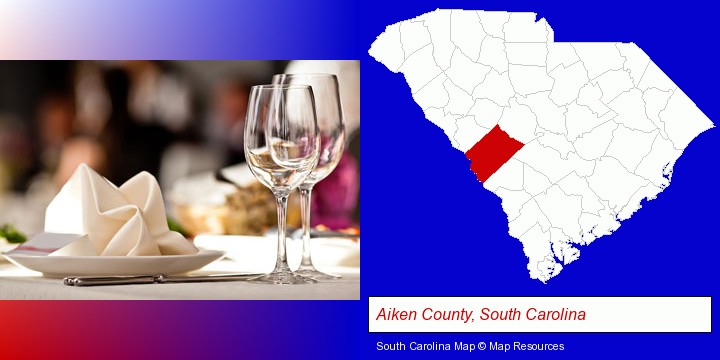 a restaurant table place setting; Aiken County, South Carolina highlighted in red on a map