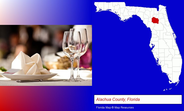 a restaurant table place setting; Alachua County, Florida highlighted in red on a map