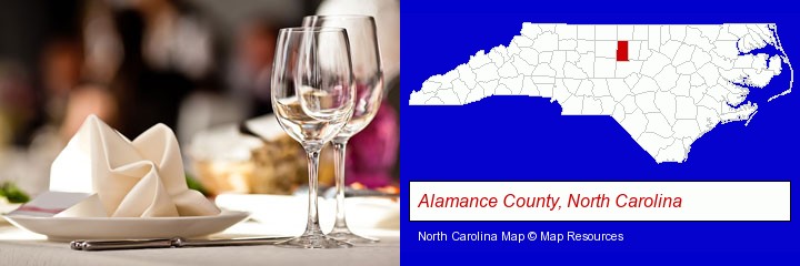 a restaurant table place setting; Alamance County, North Carolina highlighted in red on a map