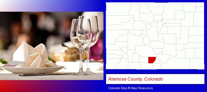 a restaurant table place setting; Alamosa County, Colorado highlighted in red on a map