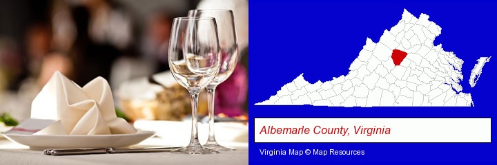 a restaurant table place setting; Albemarle County, Virginia highlighted in red on a map