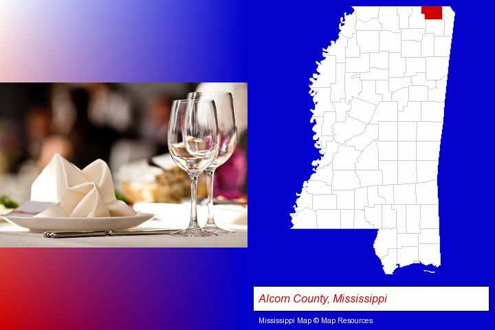 a restaurant table place setting; Alcorn County, Mississippi highlighted in red on a map
