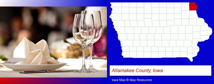 a restaurant table place setting; Allamakee County, Iowa highlighted in red on a map