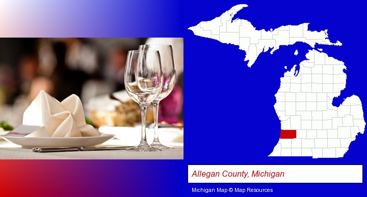 a restaurant table place setting; Allegan County, Michigan highlighted in red on a map