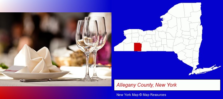 a restaurant table place setting; Allegany County, New York highlighted in red on a map