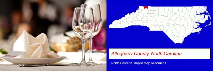 a restaurant table place setting; Alleghany County, North Carolina highlighted in red on a map
