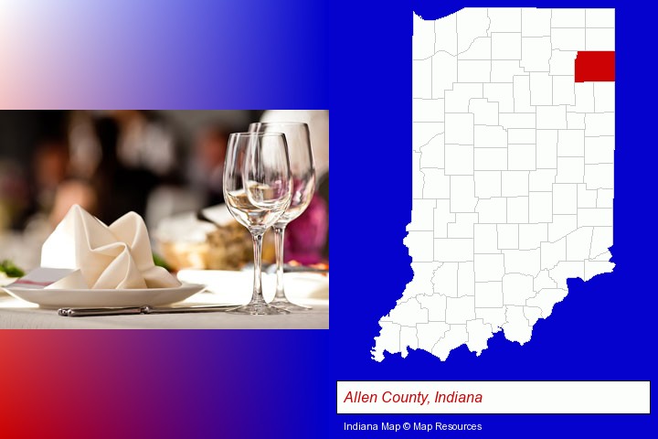 a restaurant table place setting; Allen County, Indiana highlighted in red on a map