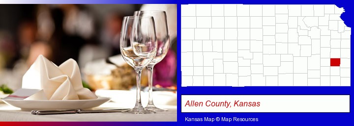 a restaurant table place setting; Allen County, Kansas highlighted in red on a map