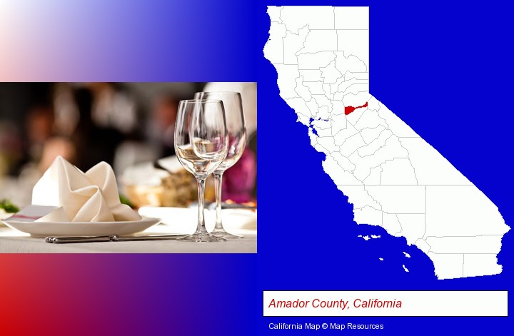 a restaurant table place setting; Amador County, California highlighted in red on a map