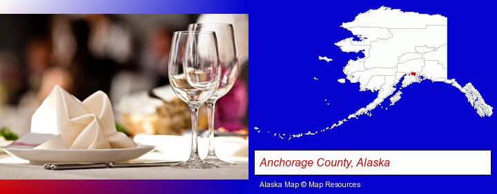 a restaurant table place setting; Anchorage County, Alaska highlighted in red on a map