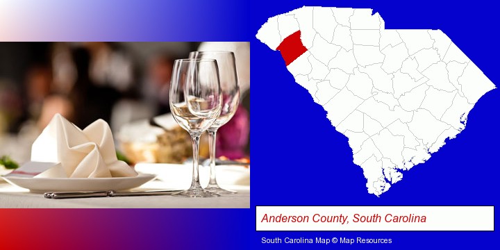 a restaurant table place setting; Anderson County, South Carolina highlighted in red on a map