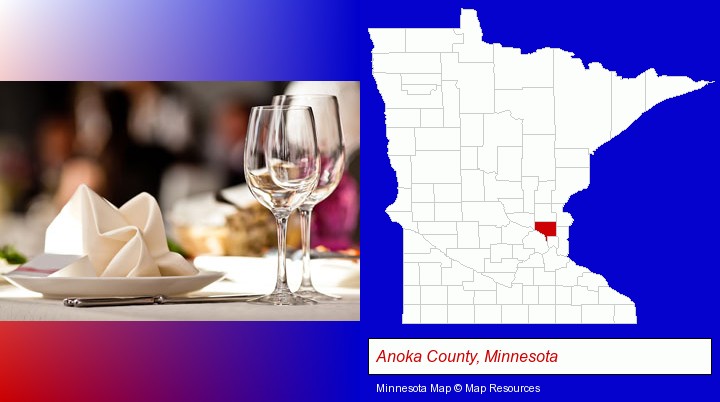 a restaurant table place setting; Anoka County, Minnesota highlighted in red on a map