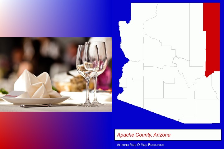 a restaurant table place setting; Apache County, Arizona highlighted in red on a map