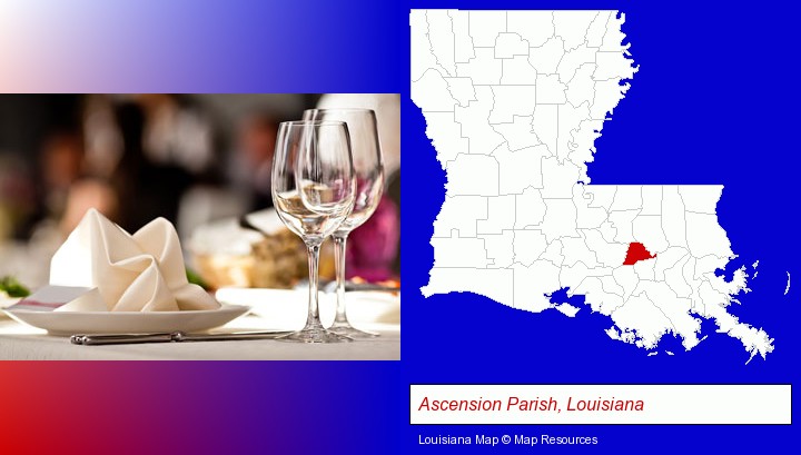 a restaurant table place setting; Ascension Parish, Louisiana highlighted in red on a map