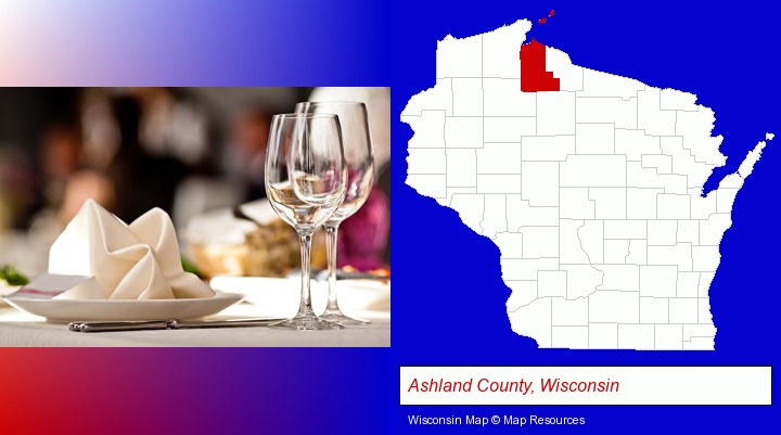 a restaurant table place setting; Ashland County, Wisconsin highlighted in red on a map
