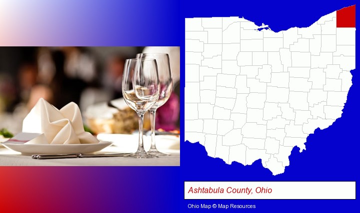 a restaurant table place setting; Ashtabula County, Ohio highlighted in red on a map