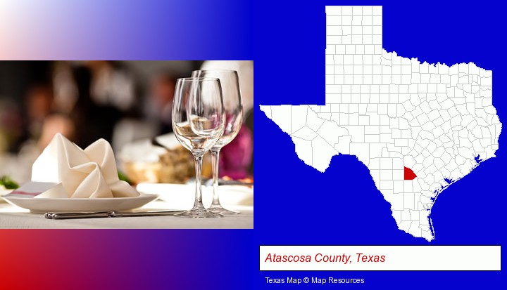 a restaurant table place setting; Atascosa County, Texas highlighted in red on a map