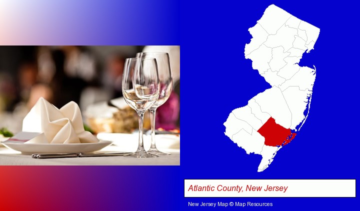 a restaurant table place setting; Atlantic County, New Jersey highlighted in red on a map