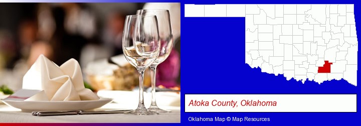 a restaurant table place setting; Atoka County, Oklahoma highlighted in red on a map