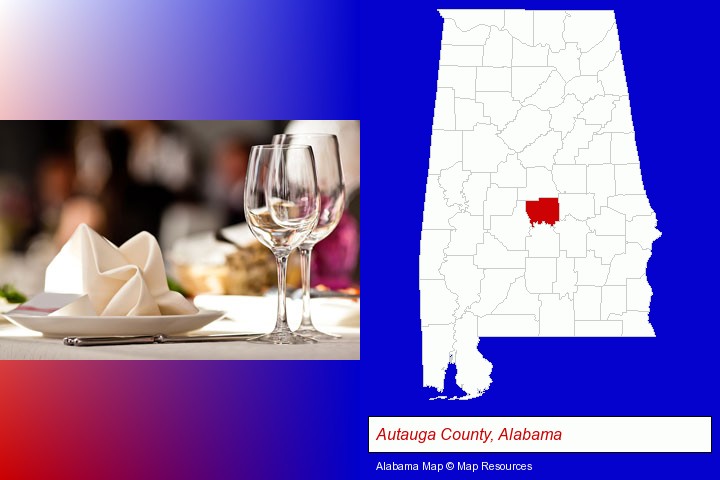 a restaurant table place setting; Autauga County, Alabama highlighted in red on a map