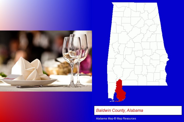 a restaurant table place setting; Baldwin County, Alabama highlighted in red on a map