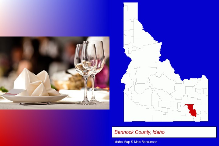 a restaurant table place setting; Bannock County, Idaho highlighted in red on a map
