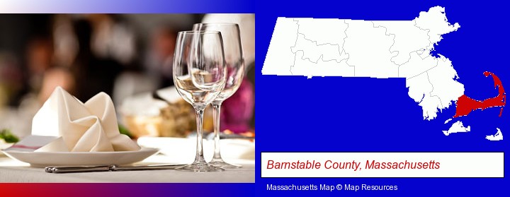 a restaurant table place setting; Barnstable County, Massachusetts highlighted in red on a map