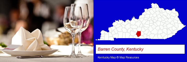 a restaurant table place setting; Barren County, Kentucky highlighted in red on a map