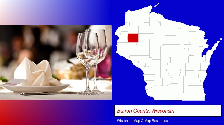 a restaurant table place setting; Barron County, Wisconsin highlighted in red on a map