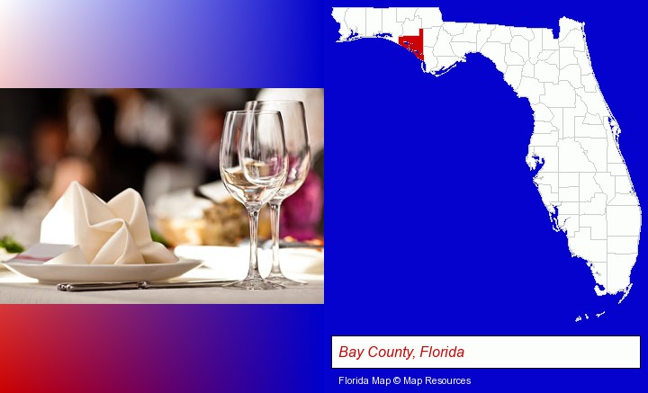 a restaurant table place setting; Bay County, Florida highlighted in red on a map