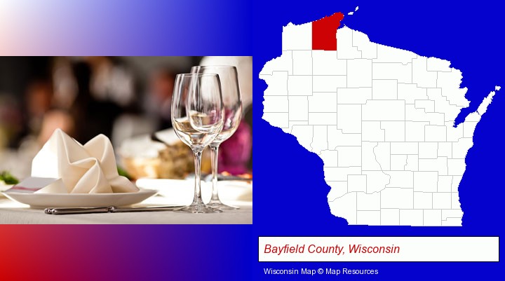 a restaurant table place setting; Bayfield County, Wisconsin highlighted in red on a map