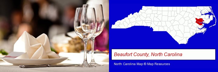 a restaurant table place setting; Beaufort County, North Carolina highlighted in red on a map