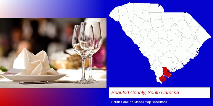 a restaurant table place setting; Beaufort County, South Carolina highlighted in red on a map