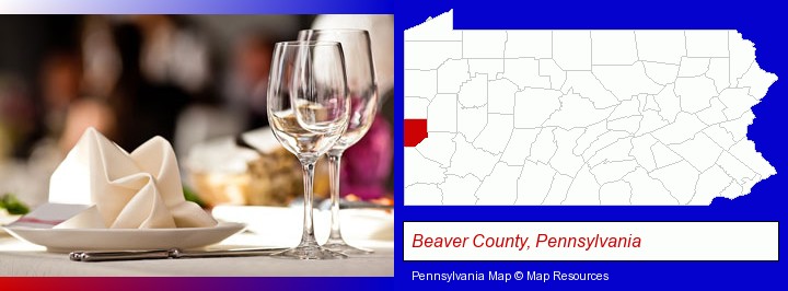 a restaurant table place setting; Beaver County, Pennsylvania highlighted in red on a map