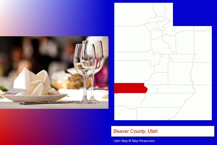 a restaurant table place setting; Beaver County, Utah highlighted in red on a map
