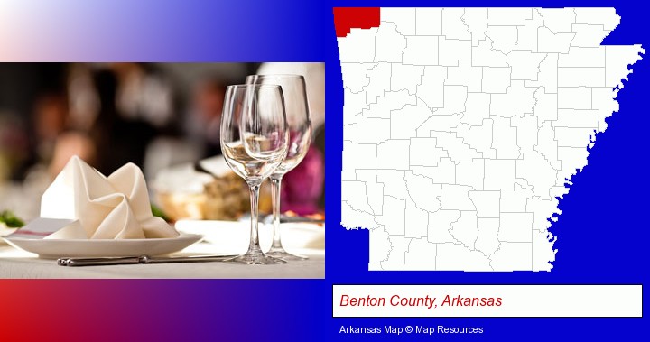a restaurant table place setting; Benton County, Arkansas highlighted in red on a map