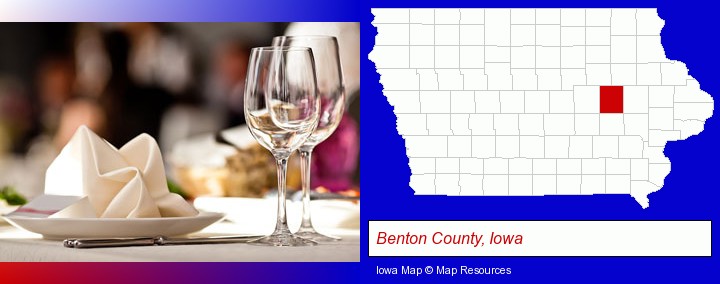 a restaurant table place setting; Benton County, Iowa highlighted in red on a map