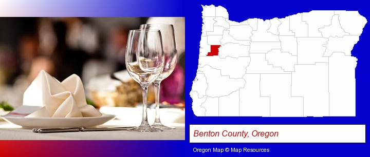 a restaurant table place setting; Benton County, Oregon highlighted in red on a map