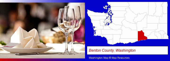 a restaurant table place setting; Benton County, Washington highlighted in red on a map