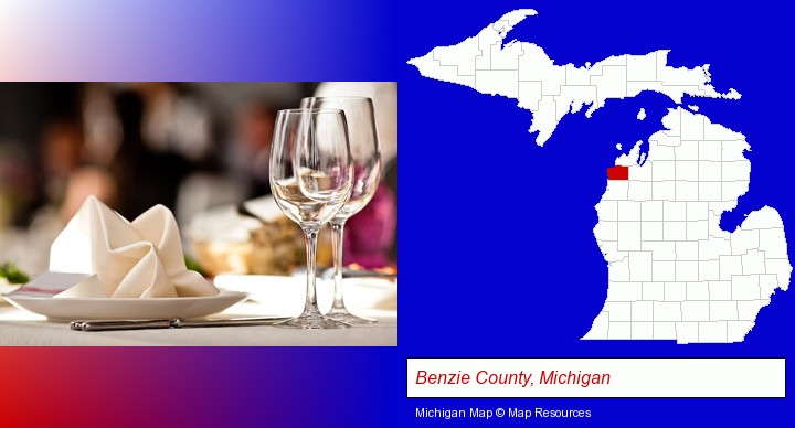 a restaurant table place setting; Benzie County, Michigan highlighted in red on a map