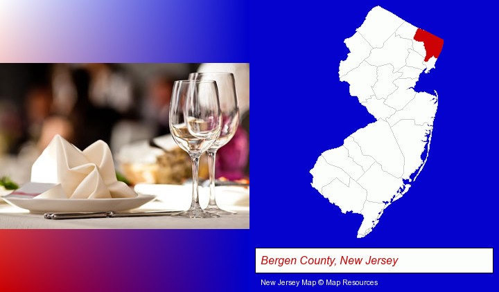 a restaurant table place setting; Bergen County, New Jersey highlighted in red on a map