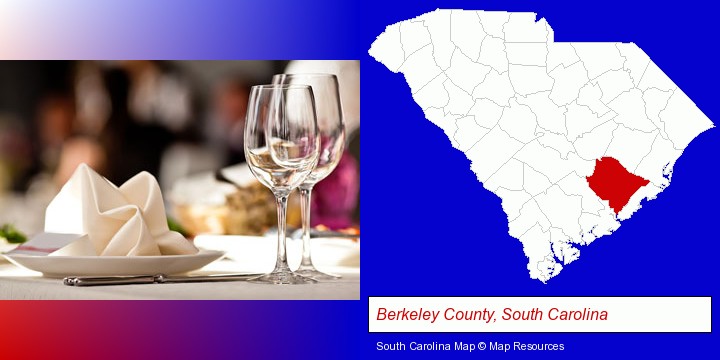 a restaurant table place setting; Berkeley County, South Carolina highlighted in red on a map