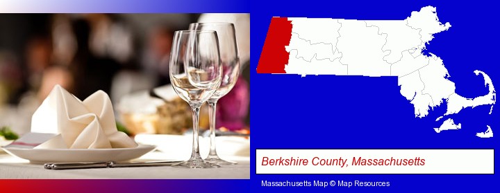 a restaurant table place setting; Berkshire County, Massachusetts highlighted in red on a map