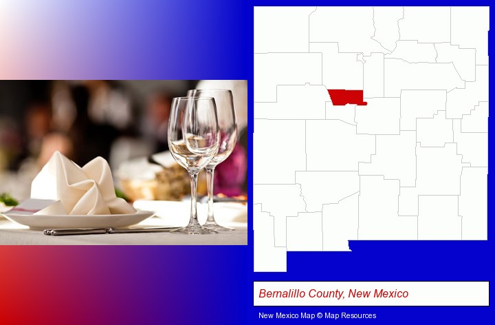 a restaurant table place setting; Bernalillo County, New Mexico highlighted in red on a map