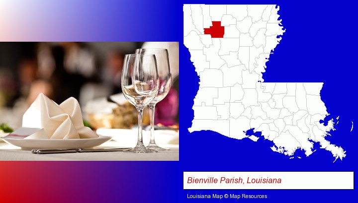 a restaurant table place setting; Bienville Parish, Louisiana highlighted in red on a map