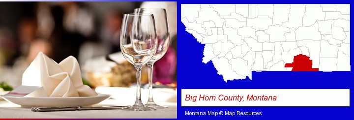 a restaurant table place setting; Big Horn County, Montana highlighted in red on a map